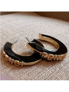Fendi Black and Gold Signature Letter Hoop Earrings
